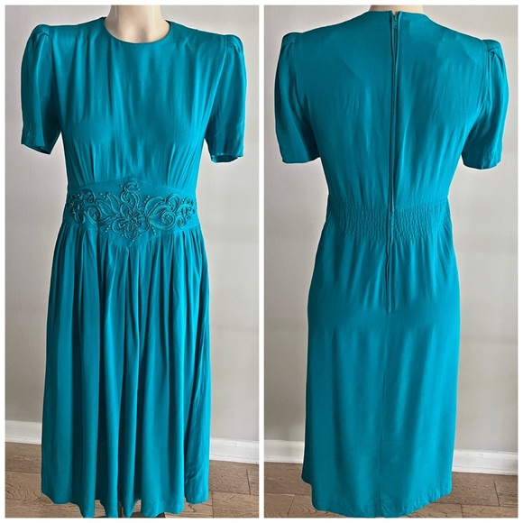 VINTAGE 80’s 90’s turquoise embroidered beaded puff shoulder midi dress formal - Picture 1 of 11